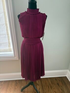 Nanette Pleated Mock-Neck Midi Dress in Burgundy